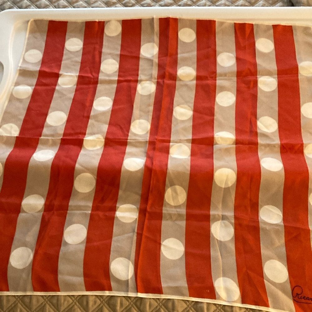 Vintage Ricardo Signed Scarf in Stripe Pattern with Large Dots. Red/Cream/White.